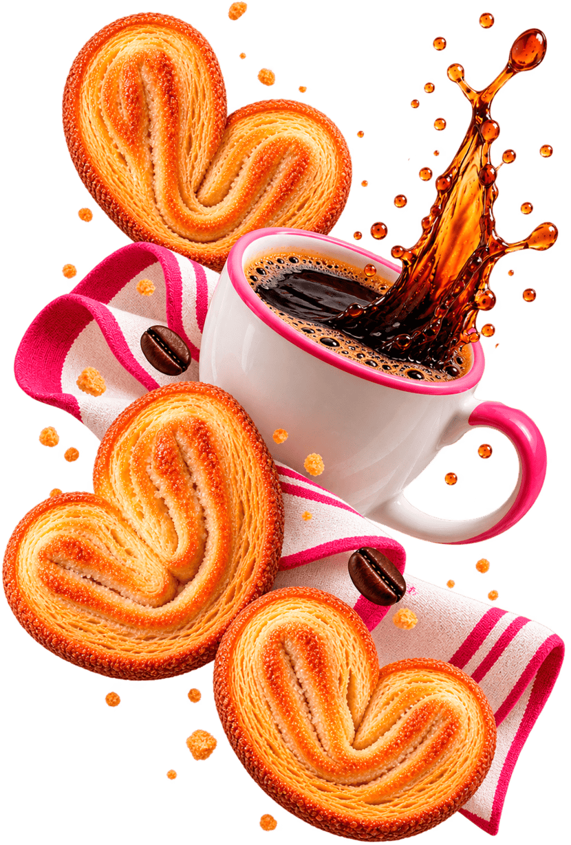 Orejitas de hojaldre alrededor de una taza de café recién servido.